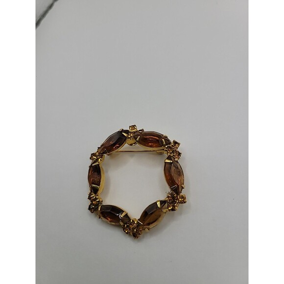 Vintage Brooch Pin Round Gold Tone Brown Yellow Crystals Jewelry Costume - Picture 5 of 13